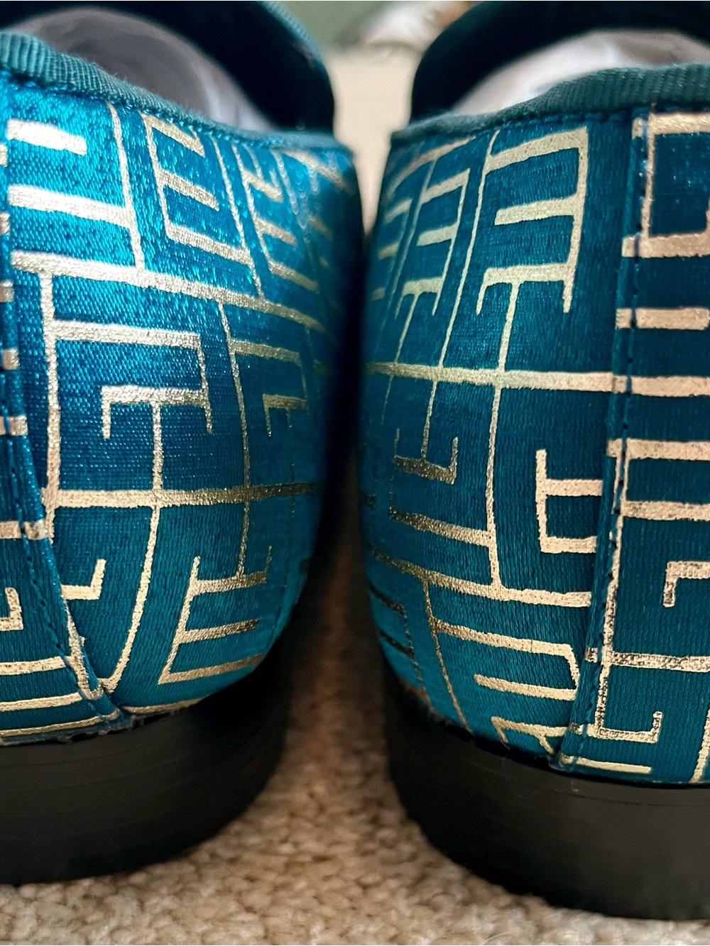 Teal Patterned Loafers with Gold Chain Accent - Picture 4 of 7